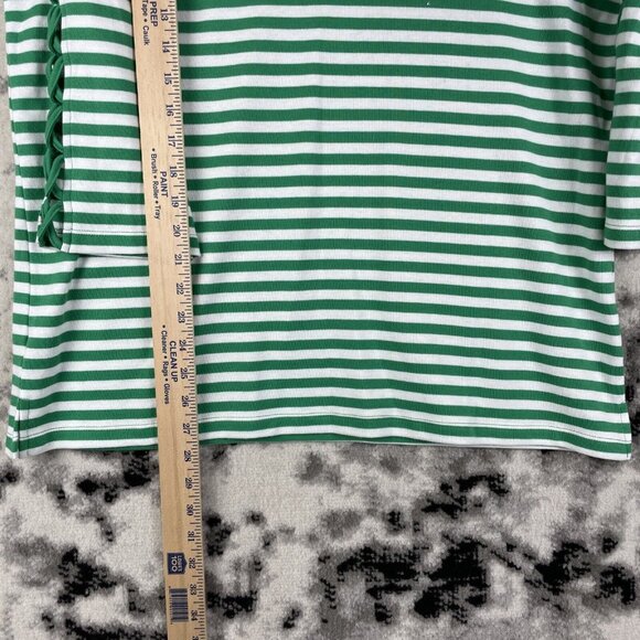 Quacker Factory Top Womens Size Large Green Striped Rhinestone Cross Lace Sleeve - Picture 5 of 14